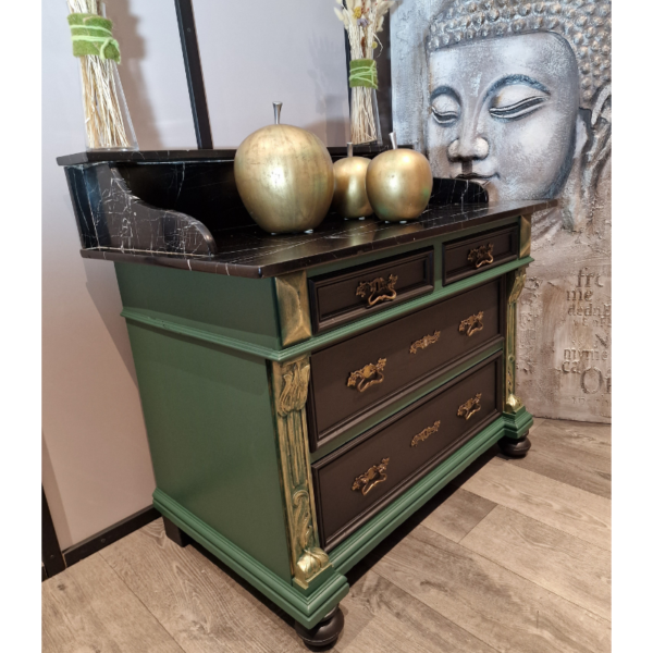 Antieke commode ladekast met marmeren blad groen goud