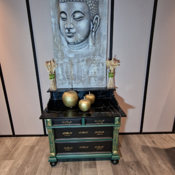 Antieke commode ladekast met marmeren blad groen goud