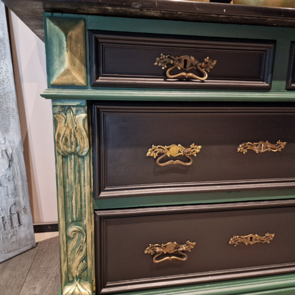 Antieke commode ladekast met marmeren blad groen goud