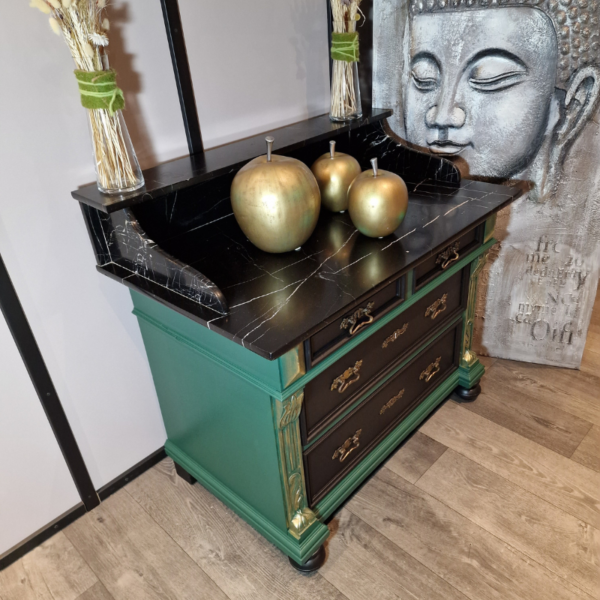 Antieke commode ladekast met marmeren blad groen goud