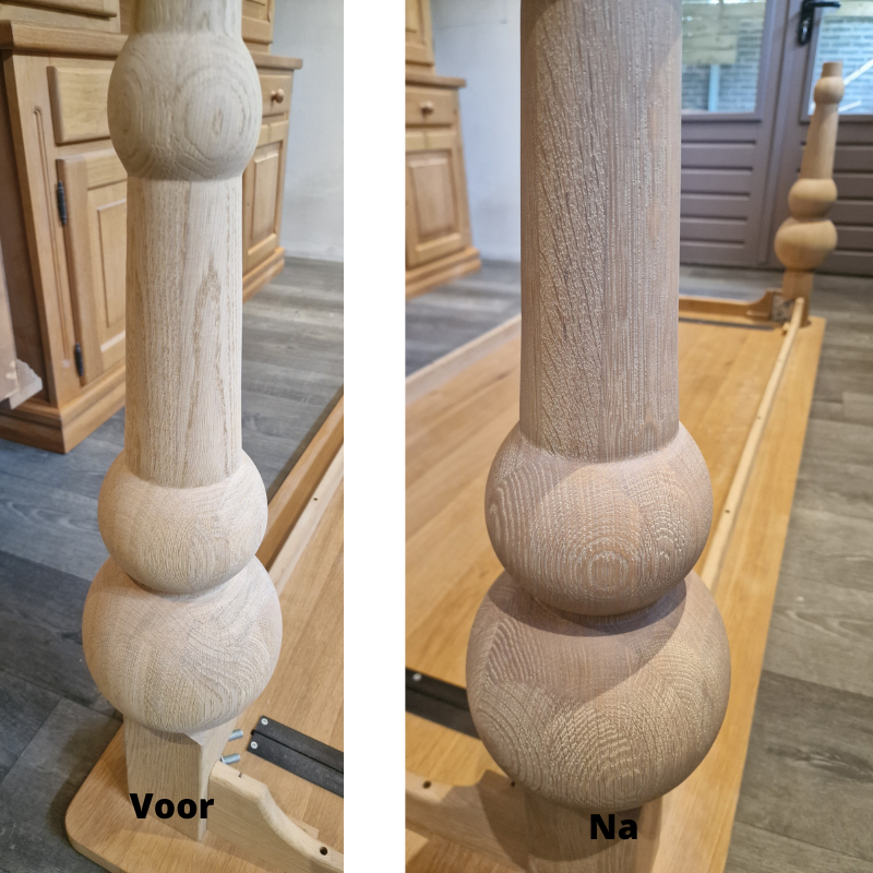 Eiken eettafel gezandstraald, onbehandeld met geolied, kleur smoke.